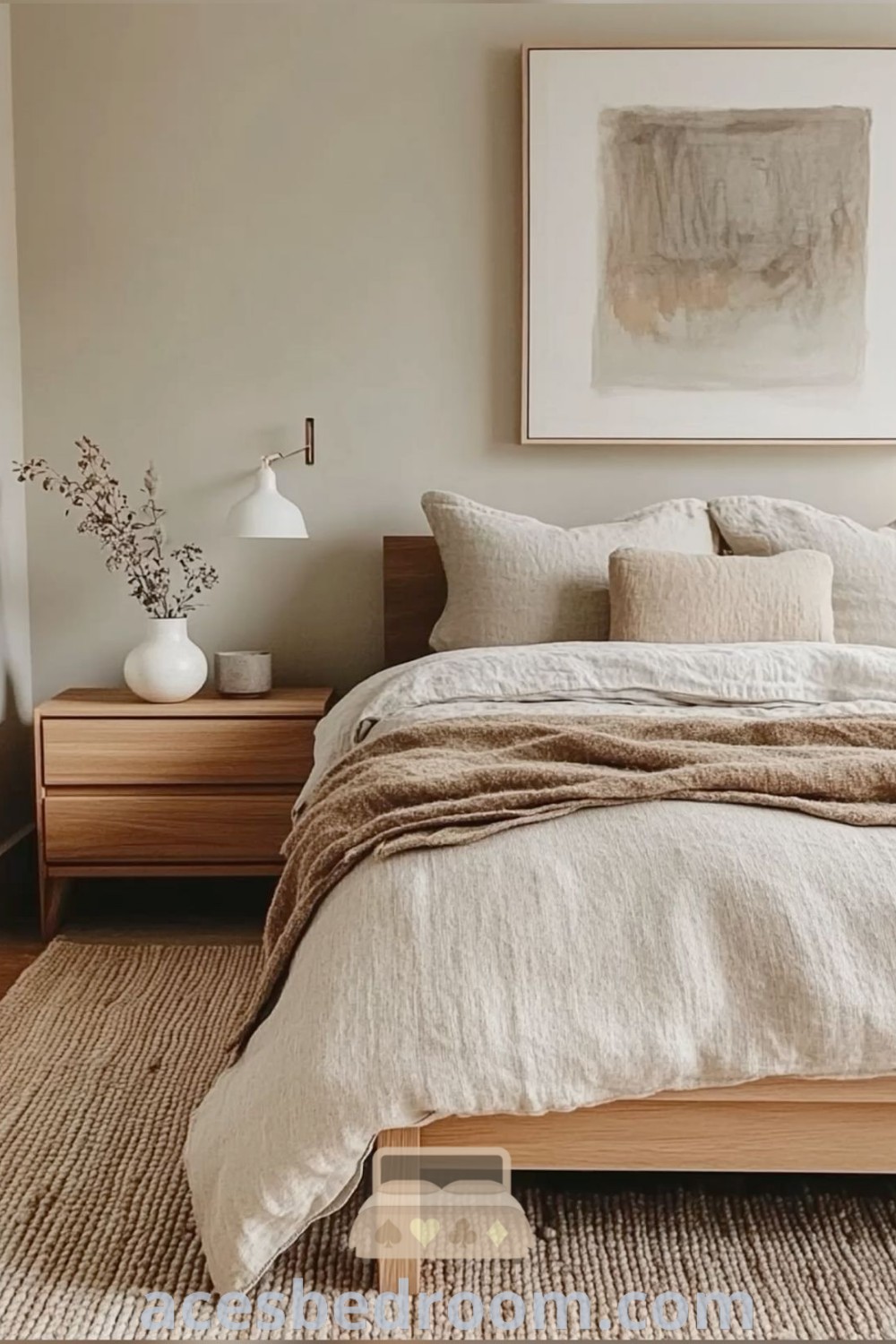 A light wood minimalist bedroom showcasing a cozy design with a warm tan comforter, nightstands, and pictures on the wall. This space reflects clean neutral bedroom styles and offers inspiring ideas for a warm and sophisticated look. Discover more cozy home decor inspirations at acesbedroom.com.