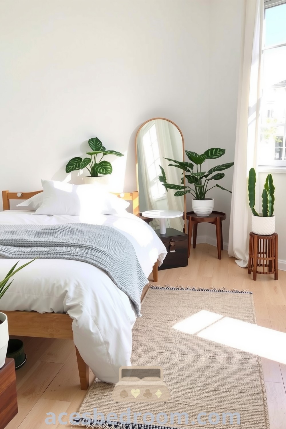 Cozy Scandinavian bedroom featuring light wood flooring, neutral walls, a birch wood bed with white linens, a knit throw, potted plants, and a handwoven rug, creating a tranquil atmosphere, showcased on acesbedroom.com.