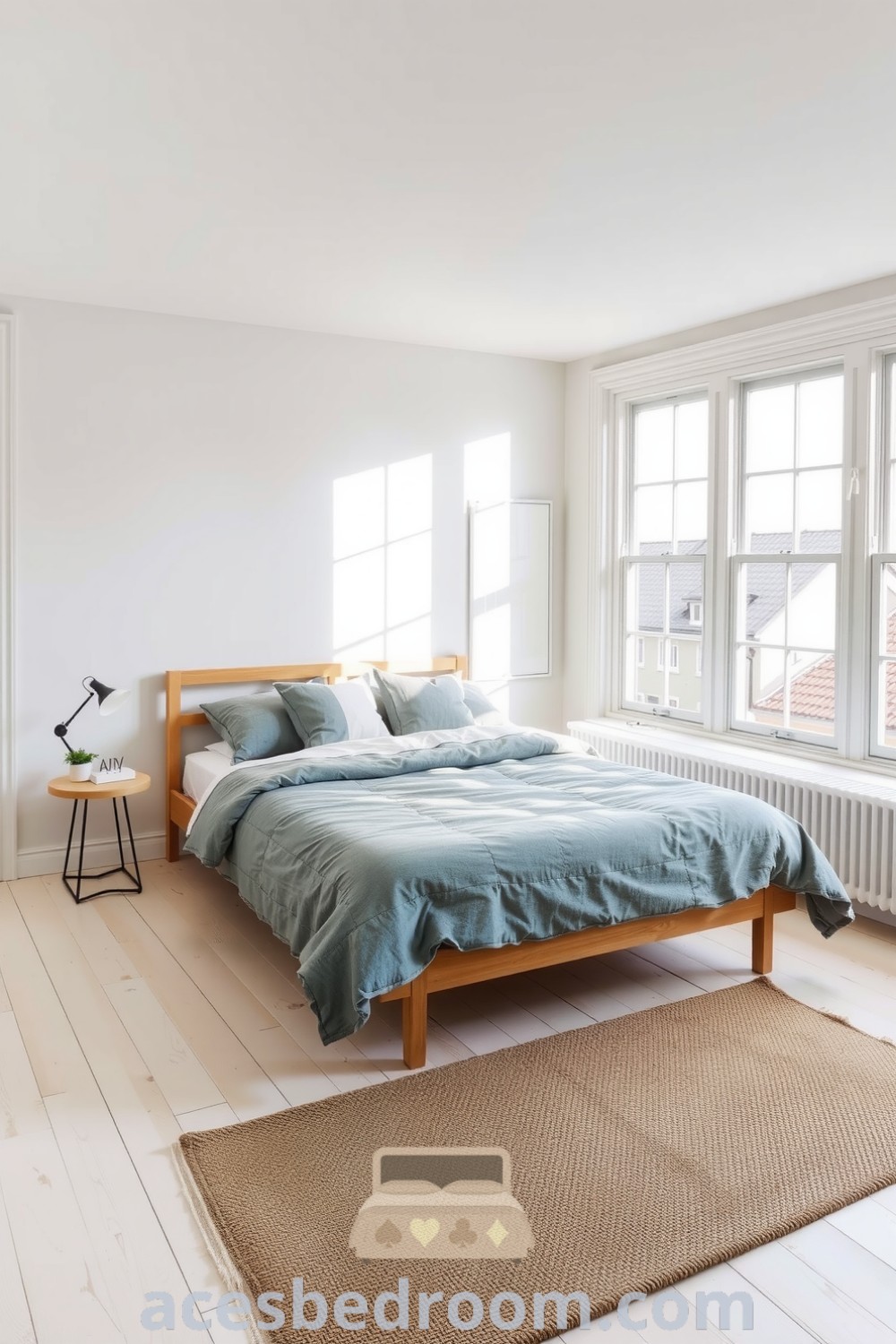 Cozy Scandinavian bedroom featuring soft pastel walls, a light wood bed frame with a muted gray duvet, plush throw pillows, large windows, and a woven rug for a warm and inviting atmosphere, showcased on acesbedroom.com.