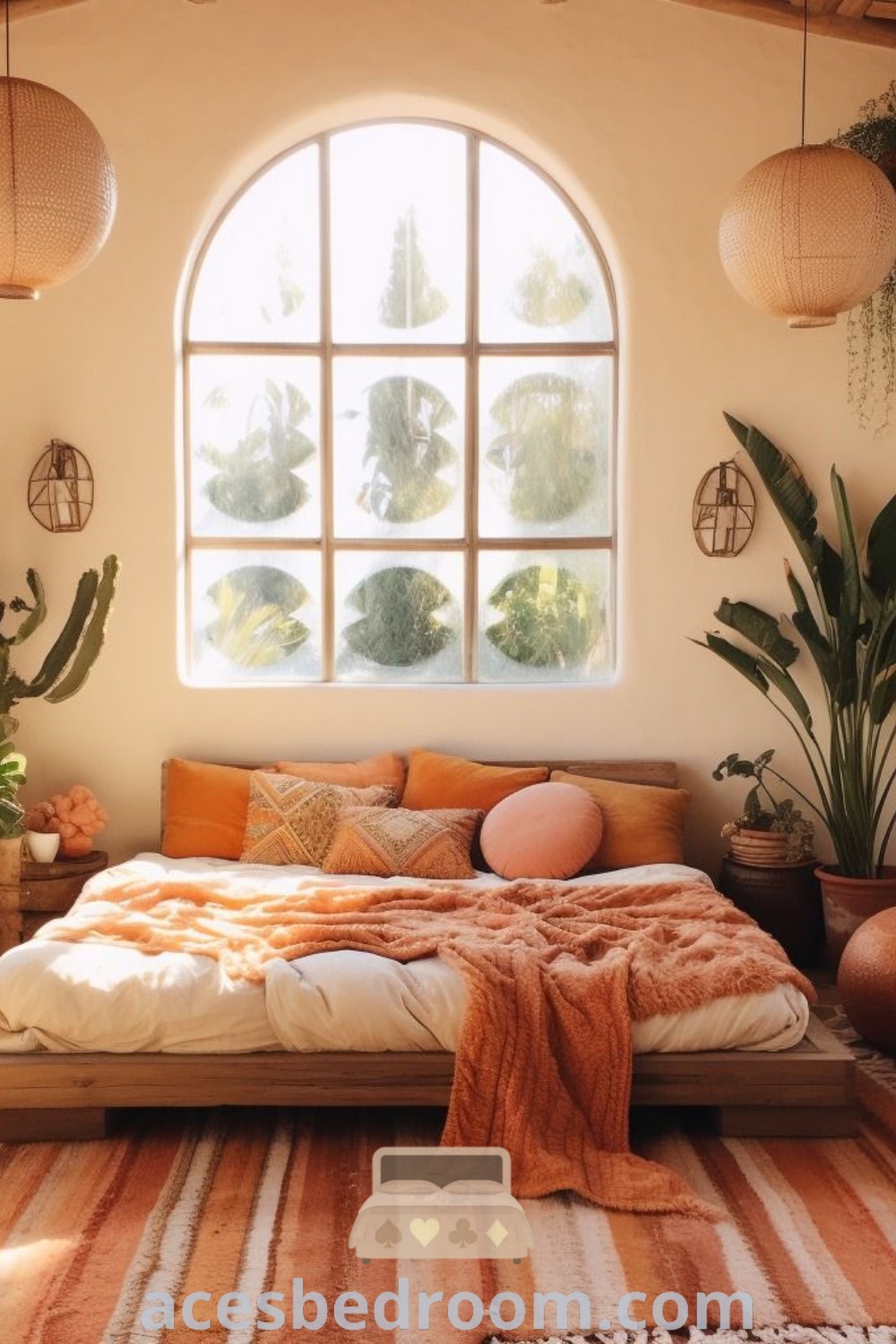 A cozy Desert Sunset Bedroom showcasing a bed under a large window surrounded by potted plants and cacti. This warm and inviting space captures the Desert Bedroom aesthetic and offers unique decor ideas for a stylish and relaxing home environment. Discover more design tips at acesbedroom.com.