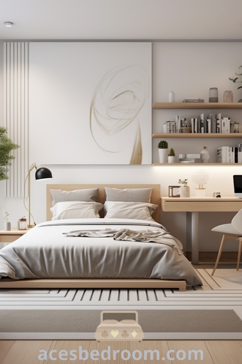 A cozy minimalist bedroom with a bed, desk, and chair next to a large window overlooking trees, embodying Zen desk decor and modern Japanese bedroom aesthetics. This space features functional design ideas and decor inspirations, ideal for creating a warm and sophisticated look. Explore more calming ideas for your home at acesbedroom.com.