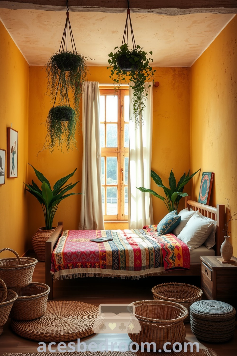 Cozy boho bedroom with soft yellow tones, textured walls, handcrafted wooden bed layered with a colorful quilt, woven baskets, and hanging plants, showcasing a serene and inviting ambiance, featured on acesbedroom.com.