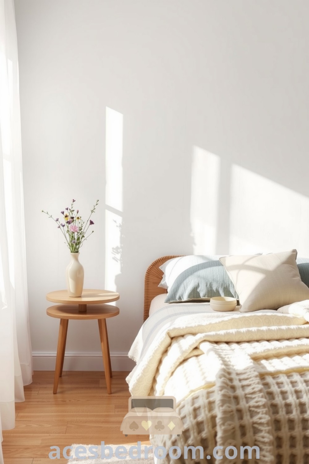 Cozy Scandinavian bedroom with warm white walls, natural wood furniture, a knitted cream blanket, soft gray pillows, and fresh wildflowers in a vase, creating a serene atmosphere, showcased on acesbedroom.com.