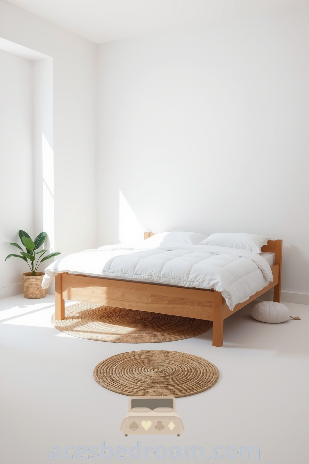 Cozy minimalist bedroom with white walls, wooden bed frame, plush white duvet, and a potted plant for a serene atmosphere, featuring design ideas to create a calming retreat, showcased on acesbedroom.com.