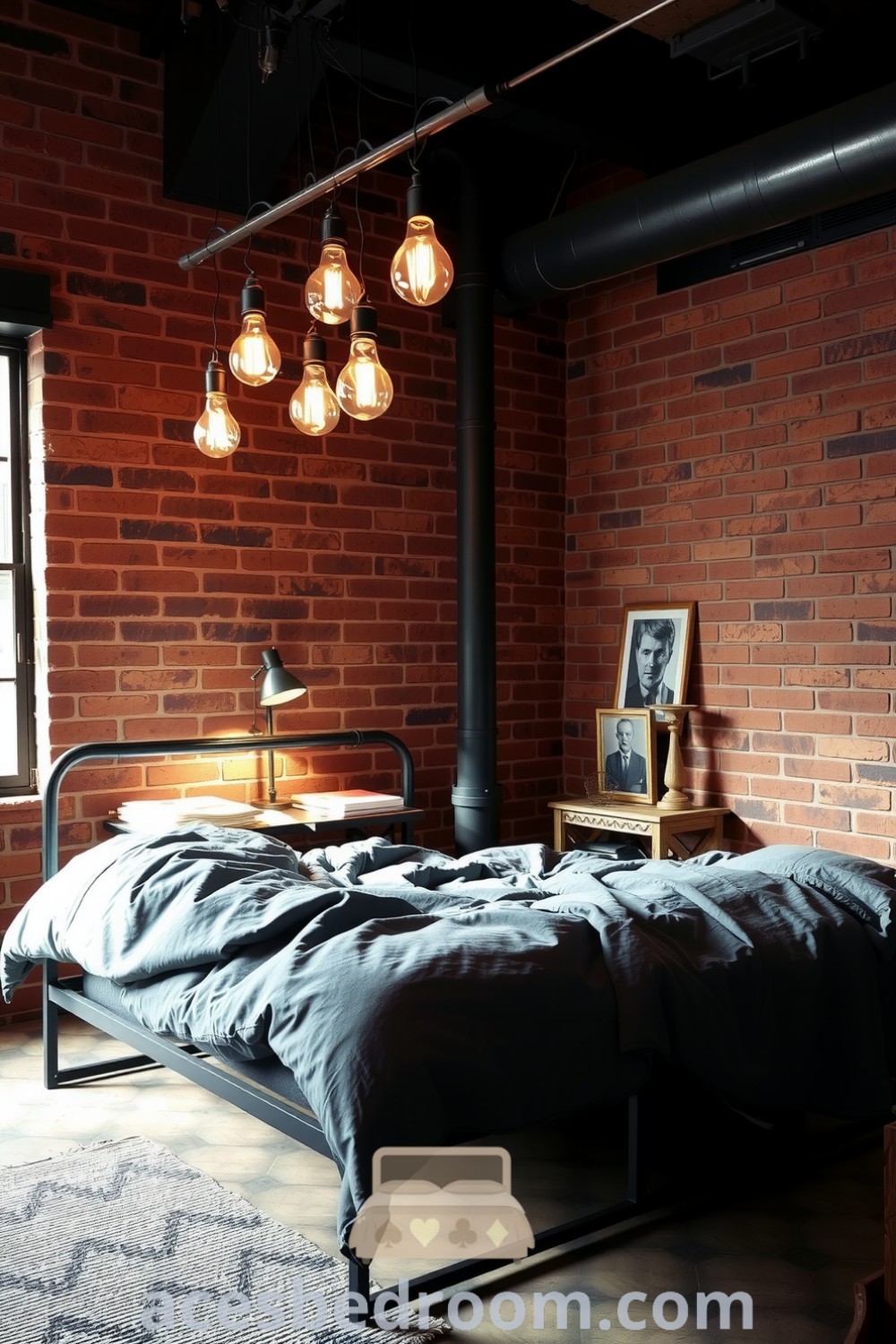 Industrial bedroom featuring exposed brick walls, a sleek metal bed frame, and a distressed wooden nightstand, illuminated by filament bulbs. Cozy design ideas for a warm and sophisticated look, showcased on acesbedroom.com.