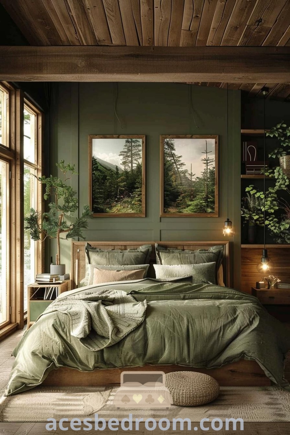 A cozy bedroom featuring nature green walls and wooden floors, adorned with two pictures above the bed. This inviting space offers inspiring decor ideas, blending earthy modern and farmhouse bedroom styles for a warm and sophisticated look. Explore more cozy inspirations at acesbedroom.com.