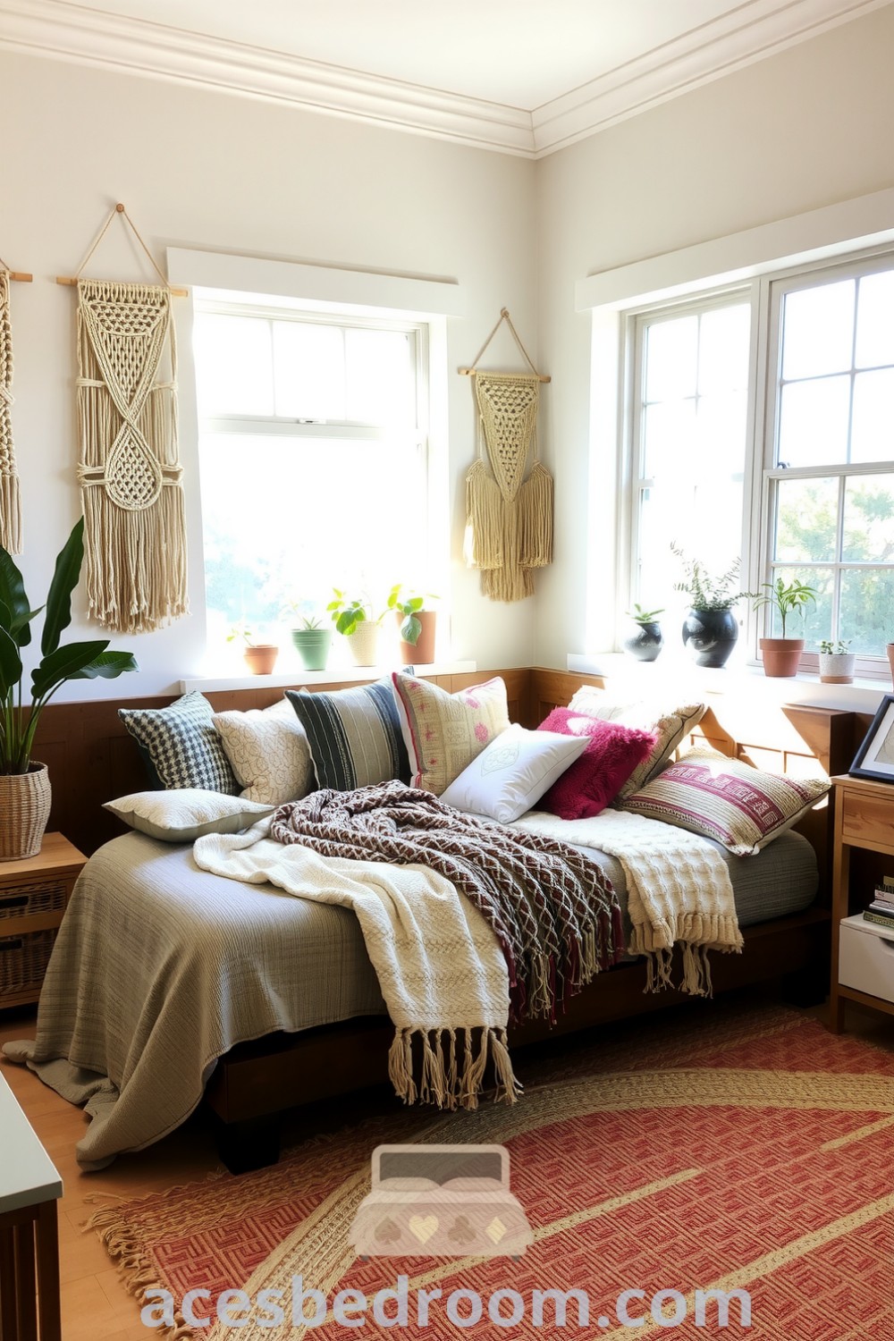 Cozy boho bedroom featuring a reclaimed wooden bed with textured blankets and patterned pillows, macramé wall hangings, potted plants, and a handwoven rug, offering design ideas for a warm and inviting space on acesbedroom.com.