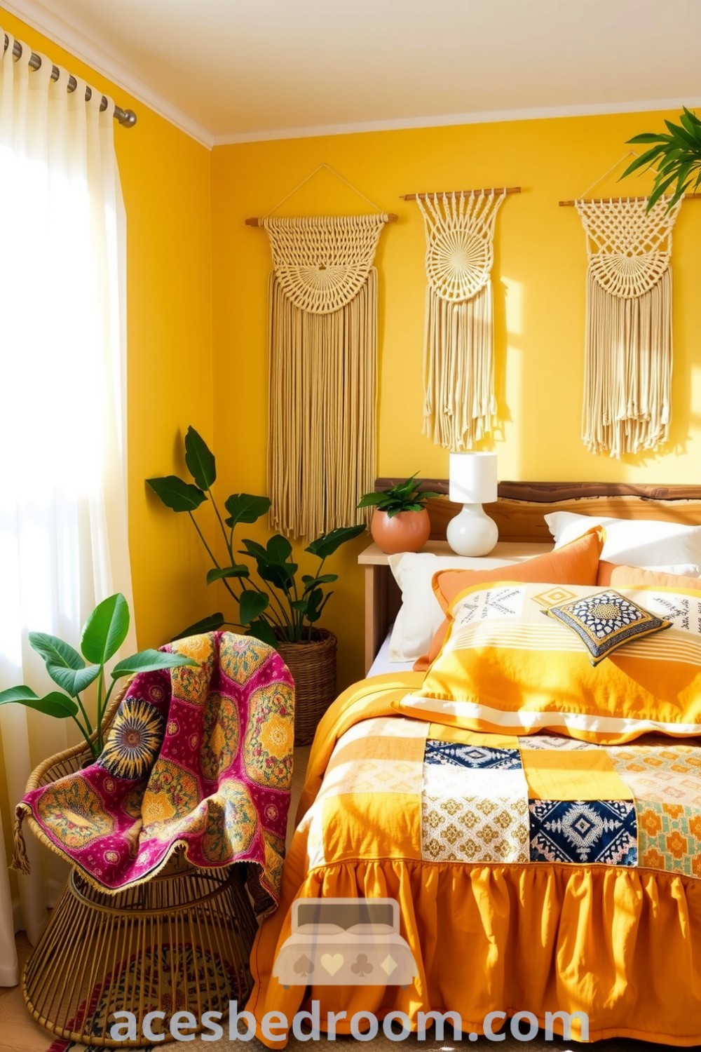 Cozy boho bedroom featuring warm yellow tones, macramé wall hangings, textured wooden headboard, inviting patchwork quilt, and vibrant indoor plants, offering trendy design ideas for a warm and sophisticated look on acesbedroom.com.