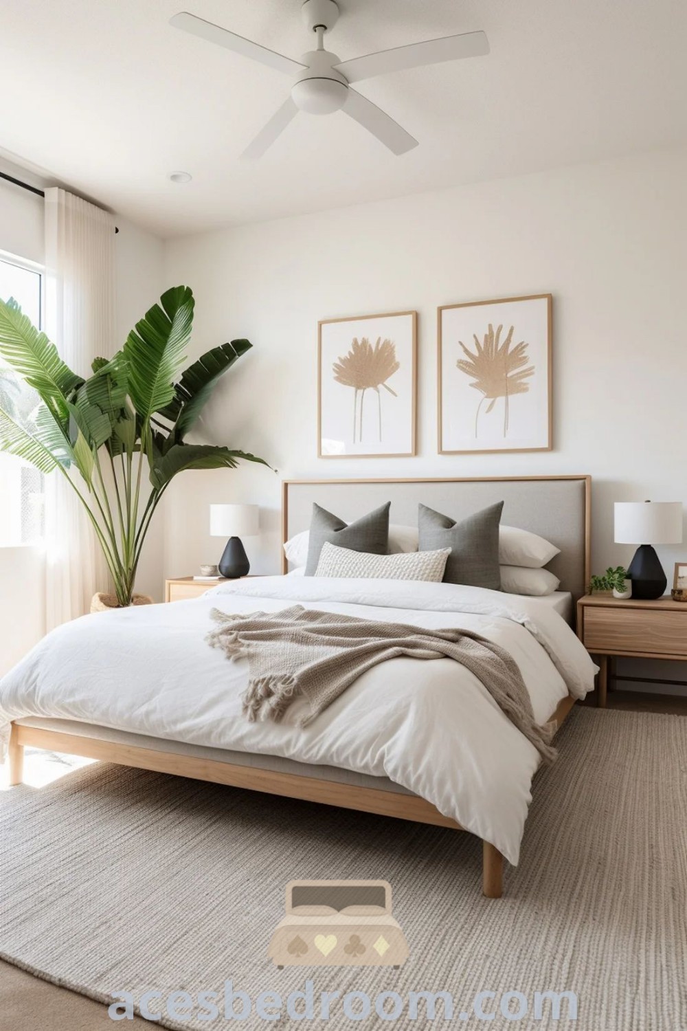 A spacious bedroom showcasing a king-size bed, two plants, and wall pictures, embodying stylish bedroom ideas for king size beds. This design highlights cozy inspirations and minimalist decor for small apartments, featuring trendy elements perfect for a luxurious atmosphere. Discover more decor ideas at acesbedroom.com.