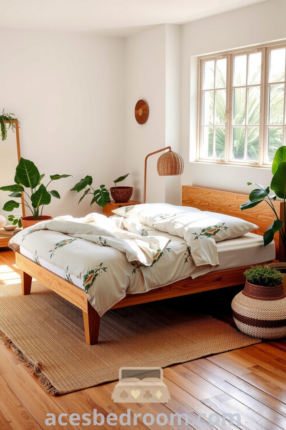 Cozy nature-inspired bedroom featuring soft greens, brown wooden elements, botanical print bedding, a jute rug, and potted plants, showcasing ideas for a warm and sophisticated look on acesbedroom.com.
