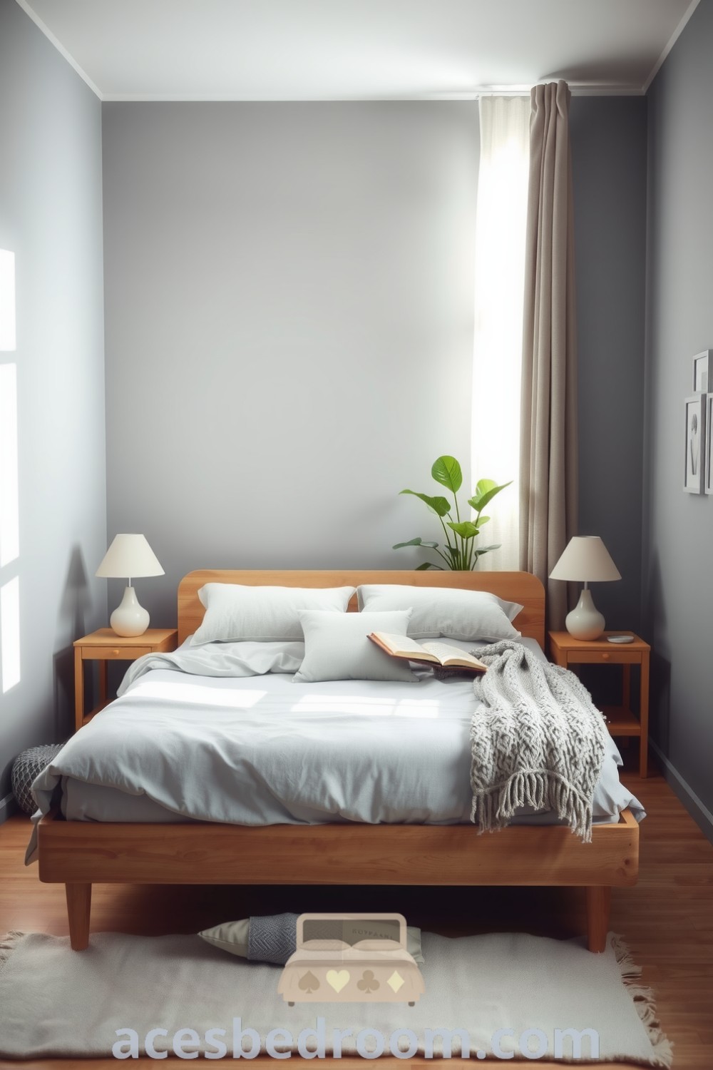 Cozy Scandinavian bedroom featuring soft gray walls, natural wood accents, a low-profile bed with a linen duvet, chunky knit throw, minimalist bedside tables, and a cozy reading nook, showcased on acesbedroom.com.