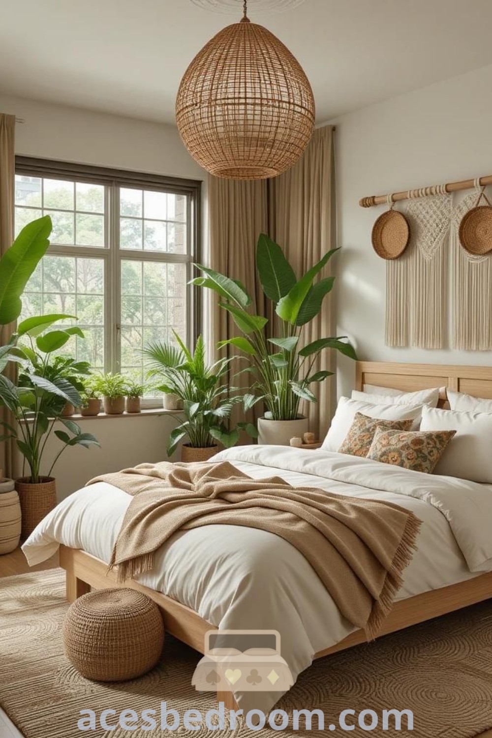 A cozy tropical bedroom featuring a large bed next to two plant pots, showcasing urban jungle decor ideas for couples. This Bali bedroom inspiration blends nature with stylish decor, offering unique ideas for your home. Discover more bedroom tropical designs at acesbedroom.com.
