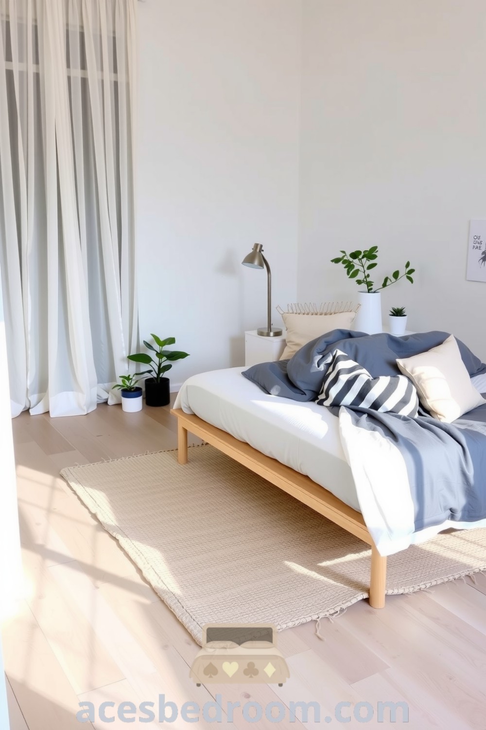 Cozy Scandinavian bedroom featuring light wooden floors, white plaster walls, sheer curtains, a low platform bed with gray and cream linens, potted plants, and a handwoven rug for a warm and inviting atmosphere, designed for a sophisticated look, showcased on acesbedroom.com.