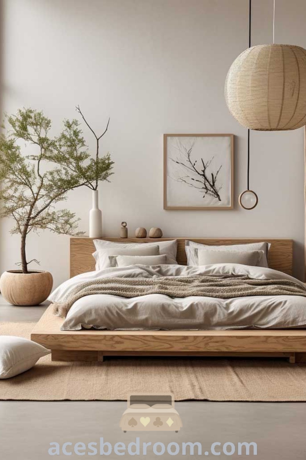 A cozy green tone bedroom design featuring a large bed by a window, complemented by white walls and wooden furniture. This stylish decor provides unique ideas for creating a soothing ambiance and inspiration for Japandi bedroom design. Discover more decor ideas at acesbedroom.com.