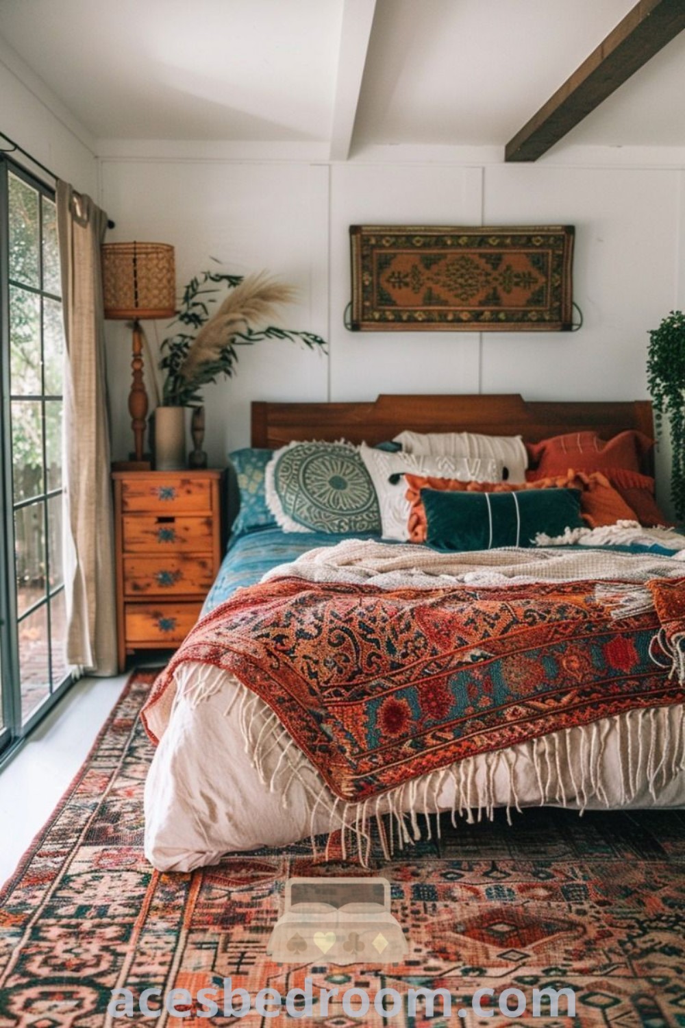 A cozy bedroom showcasing a comfortable bed, elegant dressers, and a soft rug positioned in front of glass doors, epitomizing inspiring design ideas for a warm and sophisticated look. Explore more cozy home inspirations at acesbedroom.com.