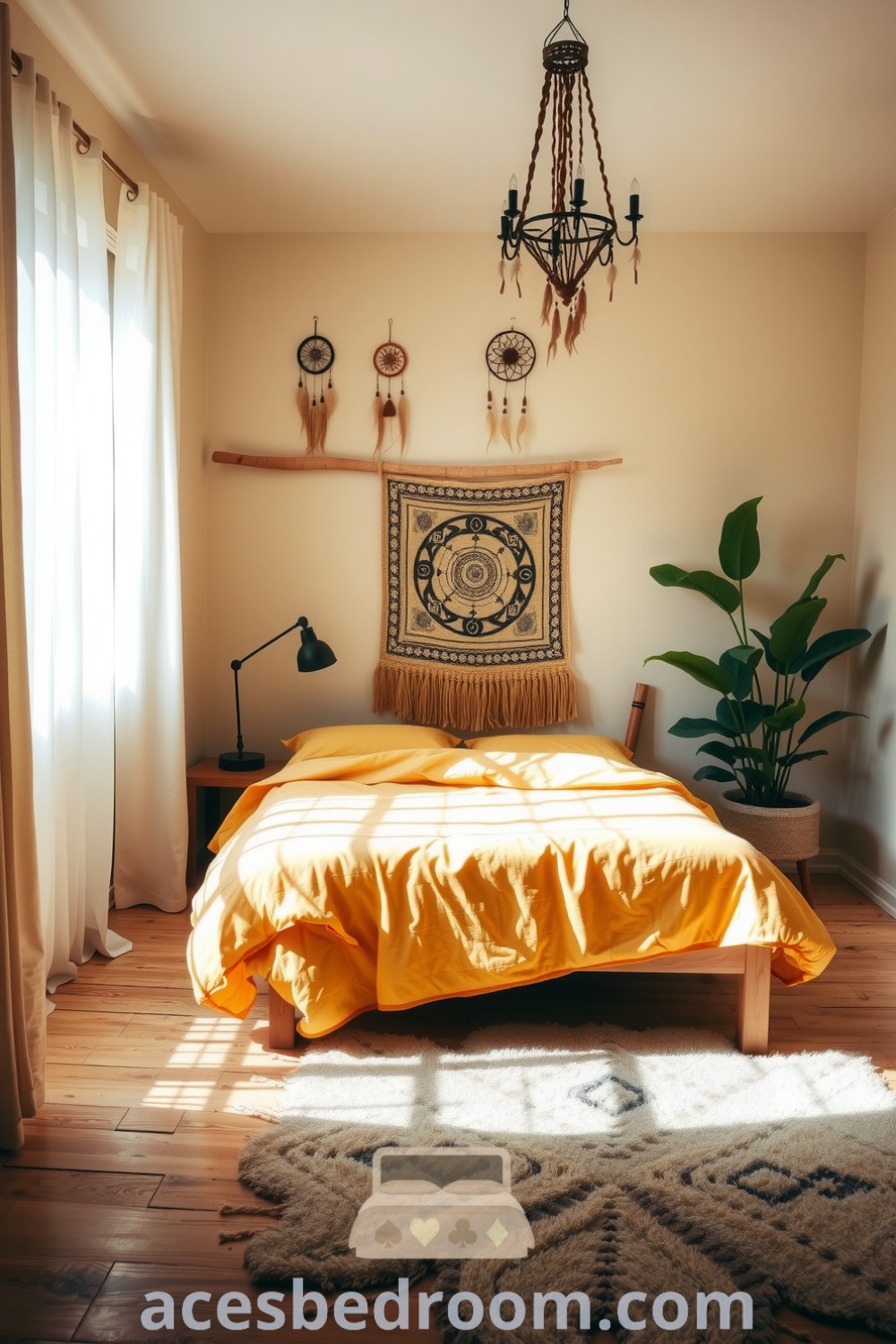 Cozy boho bedroom filled with soft yellow accents, light creamy walls, a wooden bed with a sun-kissed duvet, dreamcatchers, woven tapestry, and a large potted plant, exuding warmth and tranquility, featured on acesbedroom.com.