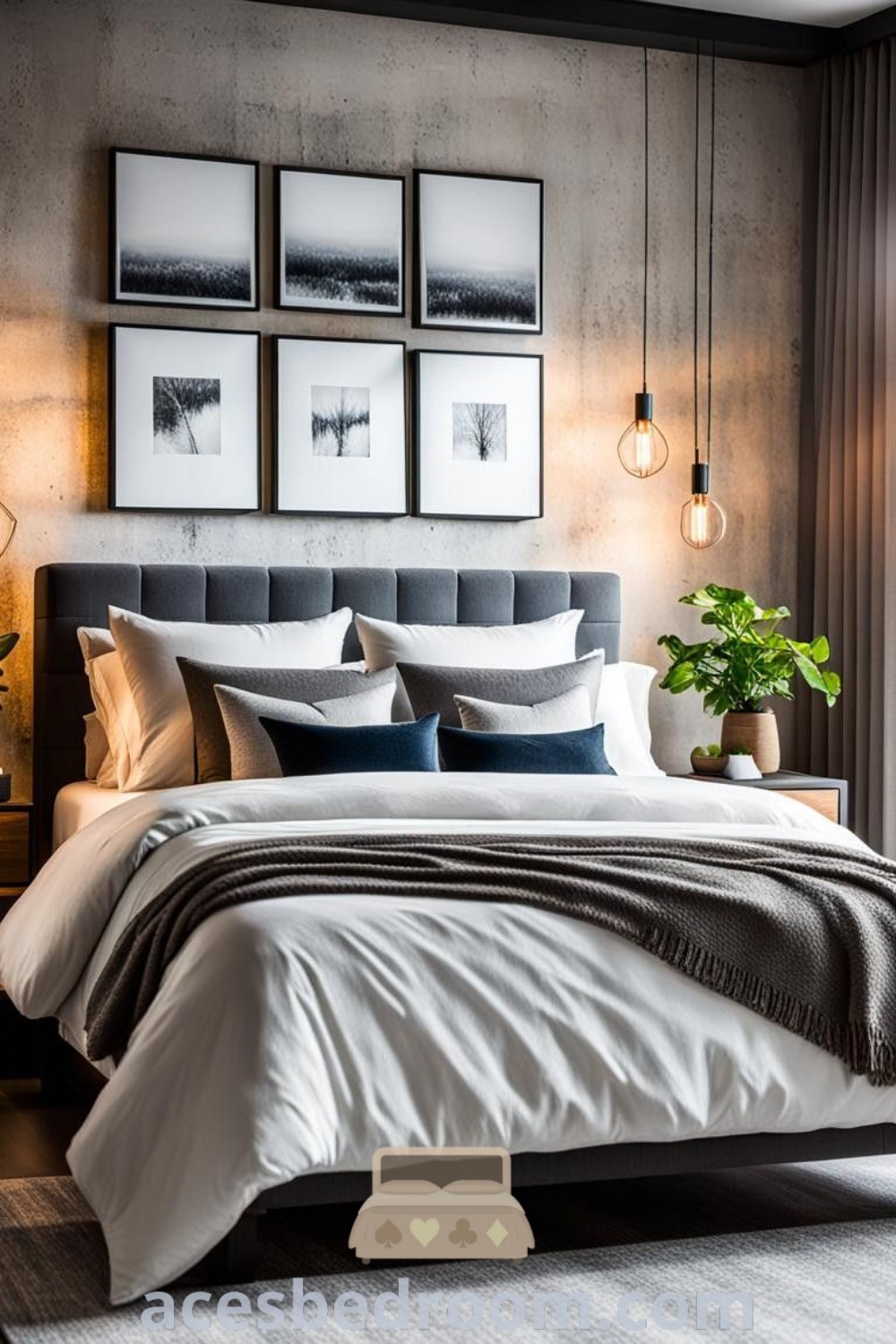 An industrial master bedroom showcasing a large bed beside a window adorned with pictures, embodying modern industrial bedroom ideas. This cozy home design features unique accents, providing stylish decor inspirations for an inviting and warm atmosphere. Explore more design ideas at acesbedroom.com.