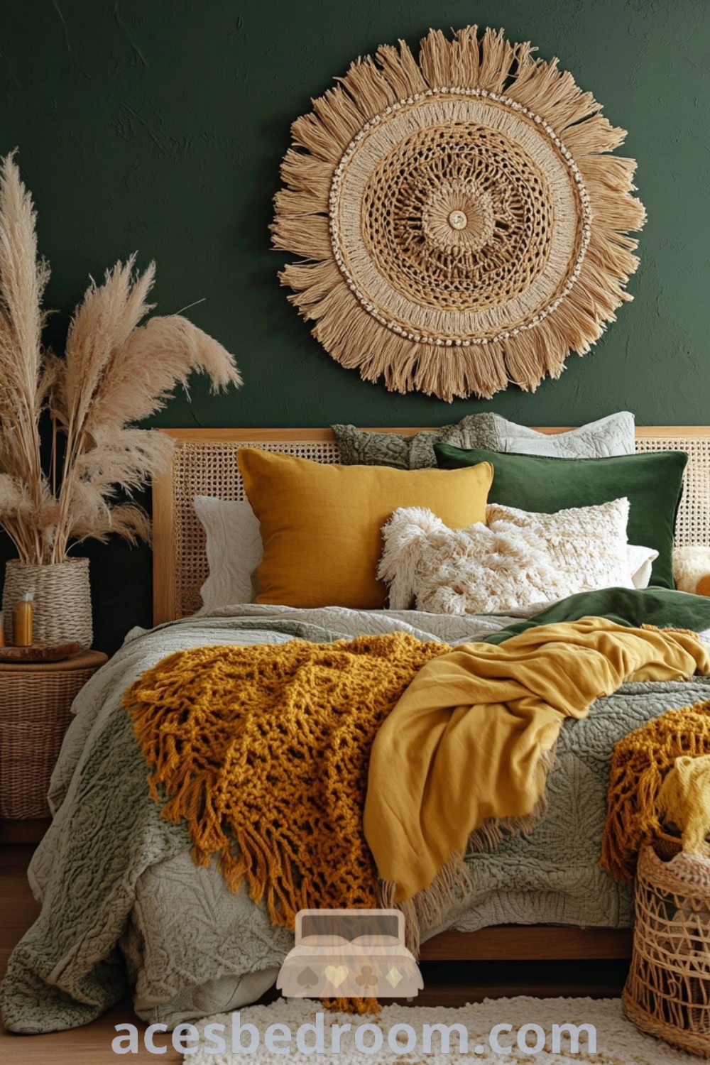 A cozy bedroom with green walls and yellow blankets, showcasing a mustard and green color palette that inspires unique boho decor ideas. The design brings warmth and sophistication, making it an ideal space to rejuvenate your mind. Explore more design tips and cozy ideas at acesbedroom.com.