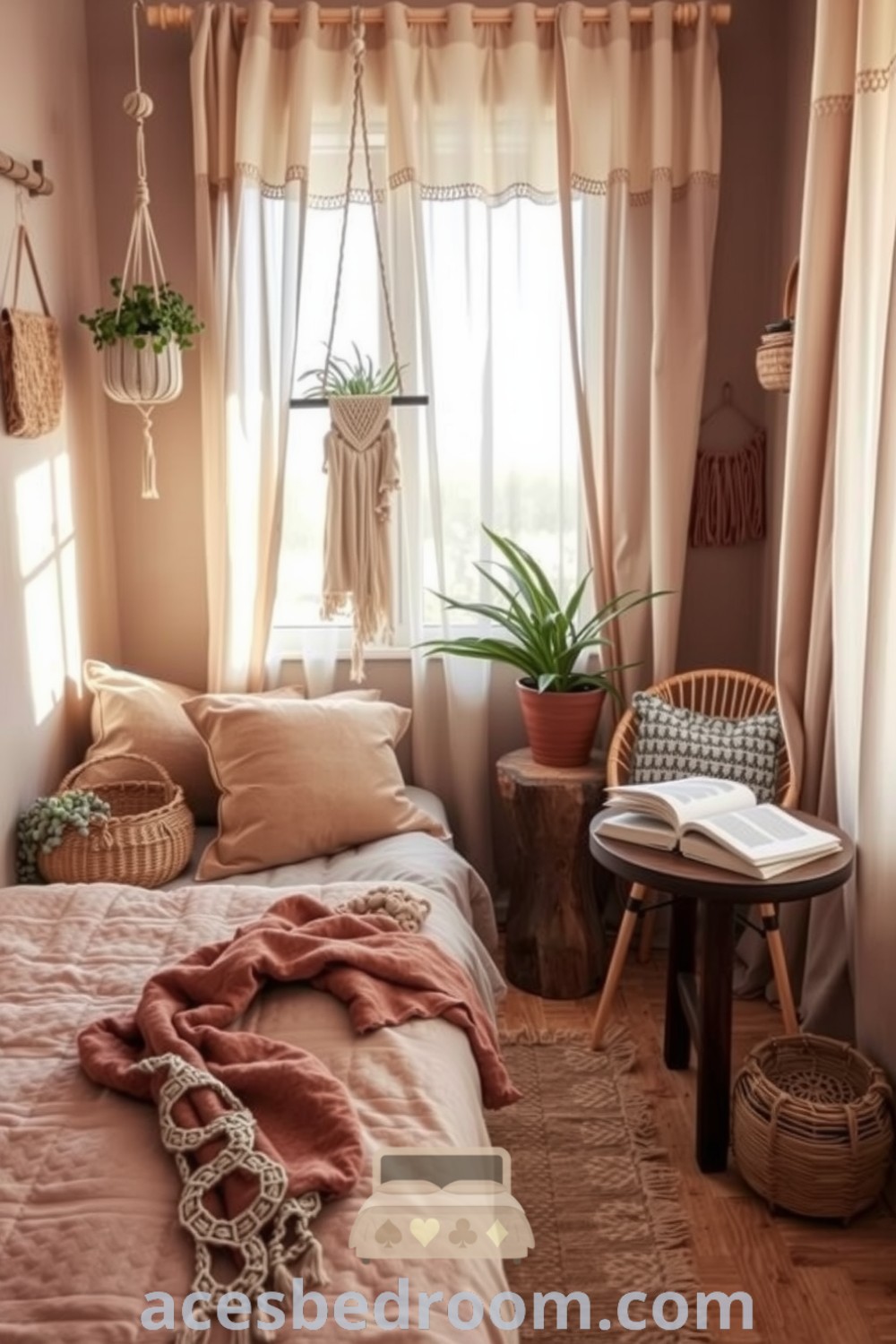 Cozy boho bedroom featuring earthy brown tones, a textured quilt, macramé wall hangings, succulents, woven baskets, and a rattan chair, creating an inviting atmosphere that