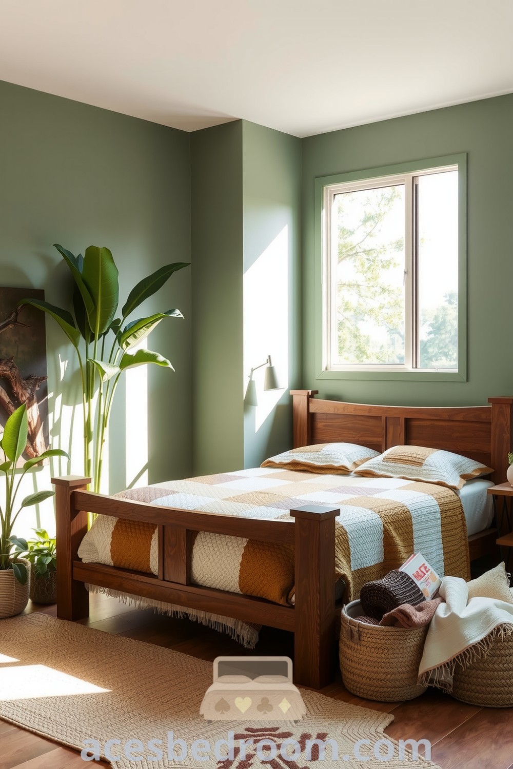 Cozy nature bedroom featuring a wooden bed with a patchwork quilt, lush potted plants, and woven baskets for blankets and books, creating a tranquil atmosphere ideal for relaxation and inspiration, presented on acesbedroom.com.