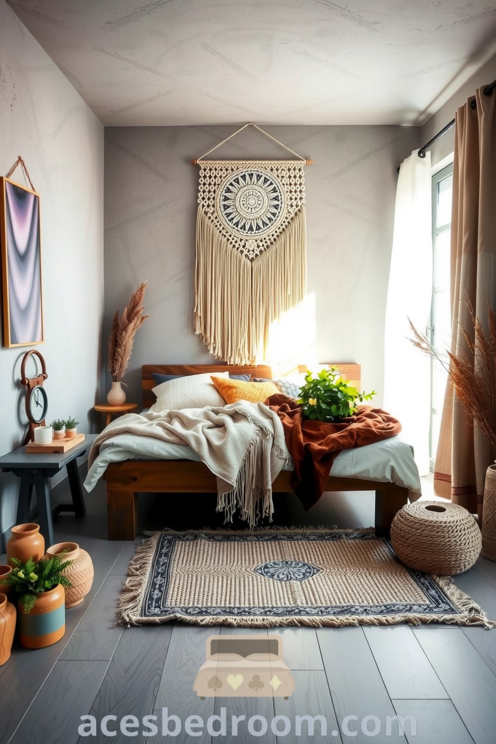 Cozy boho bedroom with textured walls, rustic wooden bed frame, macramé wall hanging, layered blankets, low woven rug, and ceramic pots with greenery, featuring inviting decor inspirations for a warm and sophisticated look, presented on acesbedroom.com.