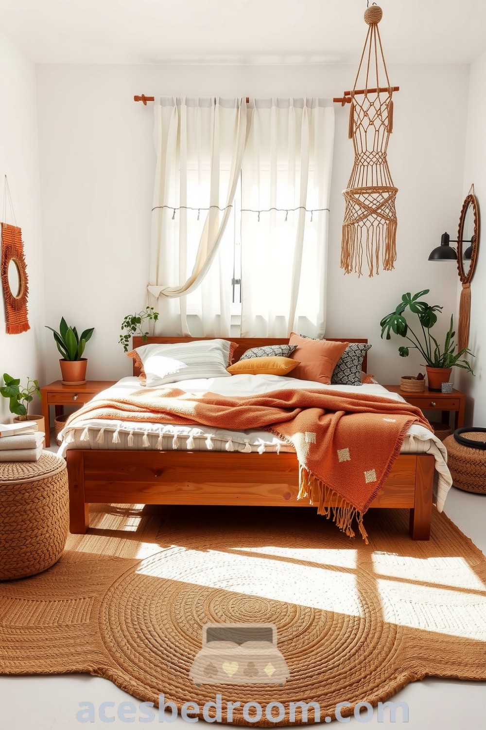 Cozy boho bedroom with soft white walls, a weathered wooden bed frame, layered textured throws, potted plants, and macramé hangings, offering design ideas for a cozy home showcased on acesbedroom.com.