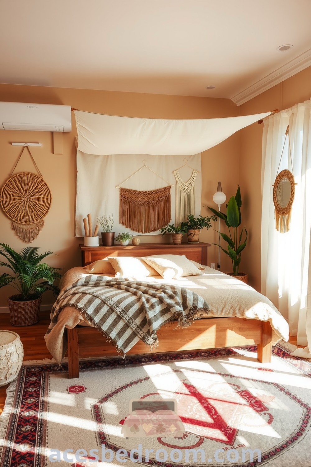 Cozy boho bedroom featuring beige walls, a wooden bed with a canvas canopy, layered earthy textiles, macramé wall hangings, and potted plants, illuminated by sunlight for a warm and inviting atmosphere, showcased on acesbedroom.com.