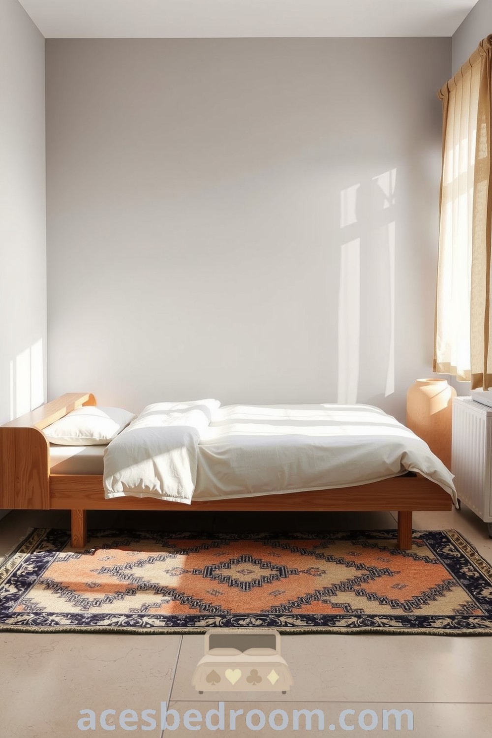 Cozy Japandi bedroom featuring soft grey walls, a low-profile wooden bed with a linen duvet, sheer curtains allowing natural light, and handcrafted decor elements, offering design ideas for a warm and sophisticated look, displayed on acesbedroom.com.