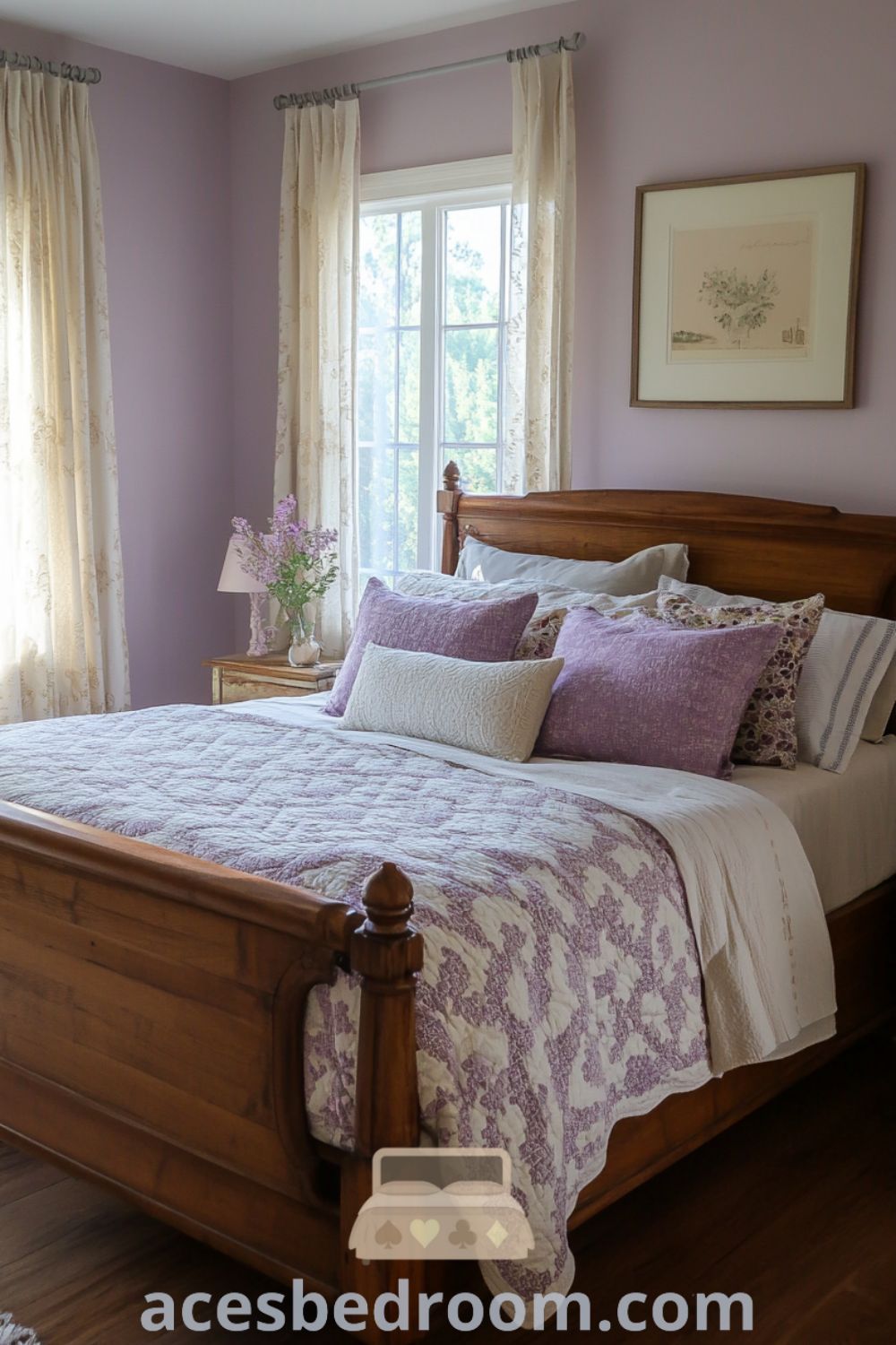 Elegant French Country Bedroom on acesbedroom.com showcasing soft purple walls, cozy ideas, inviting decor inspirations, and unique ideas for a warm and sophisticated look.