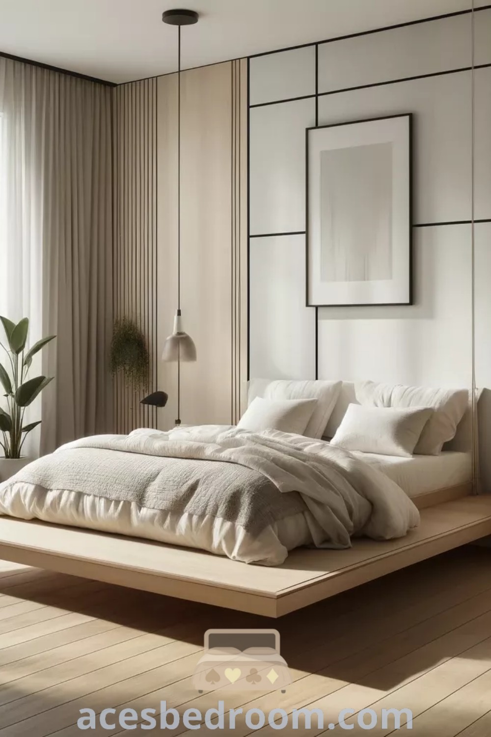 A modern minimalist bedroom showcasing a large bed, tall window with curtains, and clean lines. This warm white bedroom design embodies Japanese style and Japandi influences, offering inspiring decor ideas and a cozy aesthetic for a tranquil home environment. Explore more design ideas at acesbedroom.com.