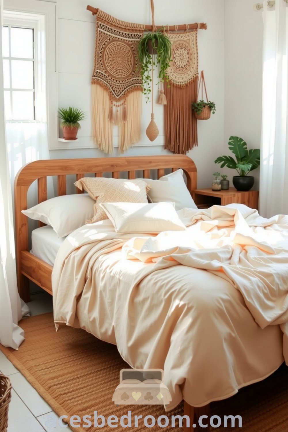Cozy boho bedroom featuring white-washed walls, layered cream and beige linens on a wooden bed, textured wall hangings, potted plants, and a woven rug for a warm and inviting atmosphere, ideal for those seeking cozy decor ideas and inspirations showcased on acesbedroom.com.