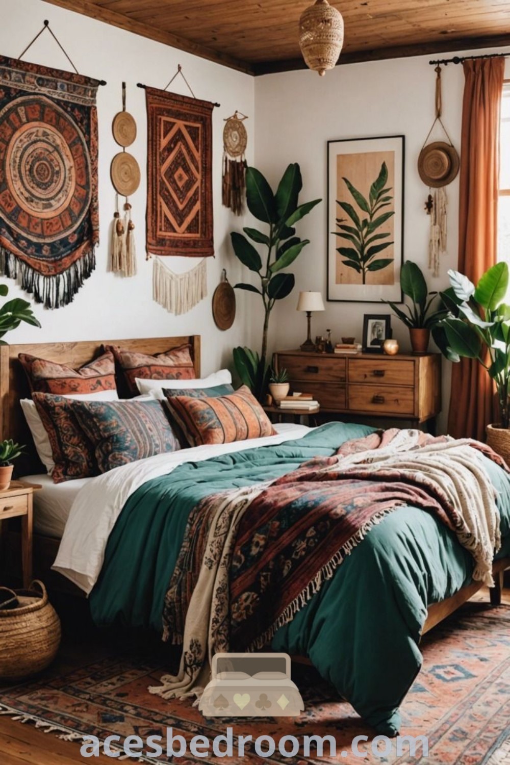 A cozy bedroom decorated in a Bohemian cottage style featuring a neatly made bed, a colorful patchwork wall hanging, and various hanging decorations on the walls. This inspiring boho bedroom design highlights unique decor ideas for a warm and inviting home atmosphere. Explore more decorating ideas at acesbedroom.com.
