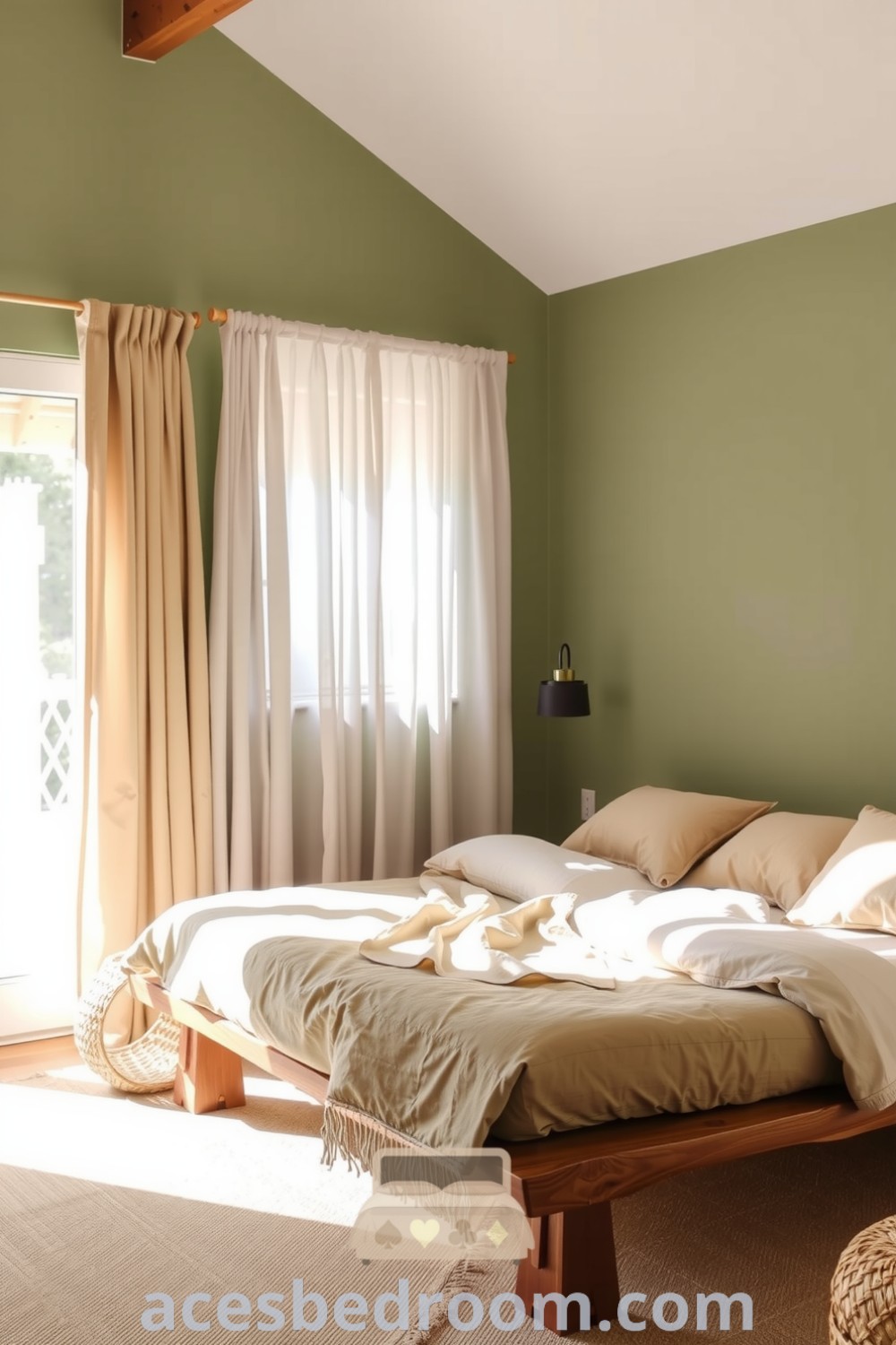 Cozy nature bedroom featuring soft leaf-green walls, a handcrafted wooden bed, plush beige bedding, and a woven basket, illuminated by sunlight through sheer curtains, showcasing ideas for inspiration on acesbedroom.com.