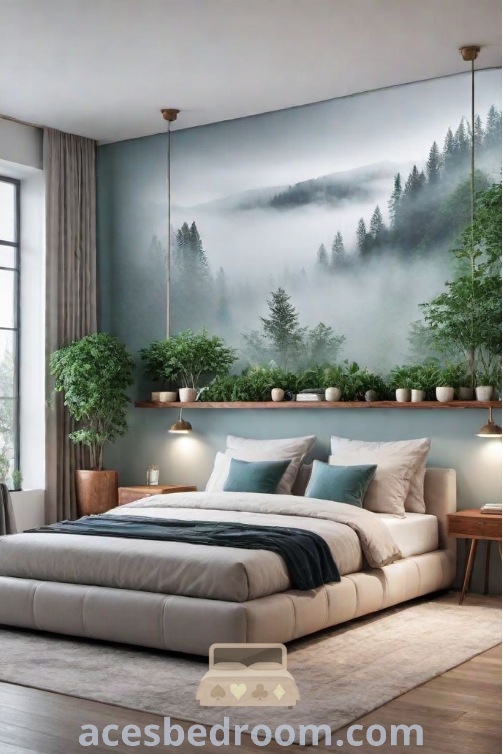 A cozy bedroom featuring a large wall painting and nature-inspired wallpaper, showcasing inspiring decor ideas that enhance the aesthetic and calming atmosphere of the space. This bedroom design emphasizes unique ideas with wallpapers for walls, creating a stylish and tranquil environment. Discover more inspirations at acesbedroom.com.