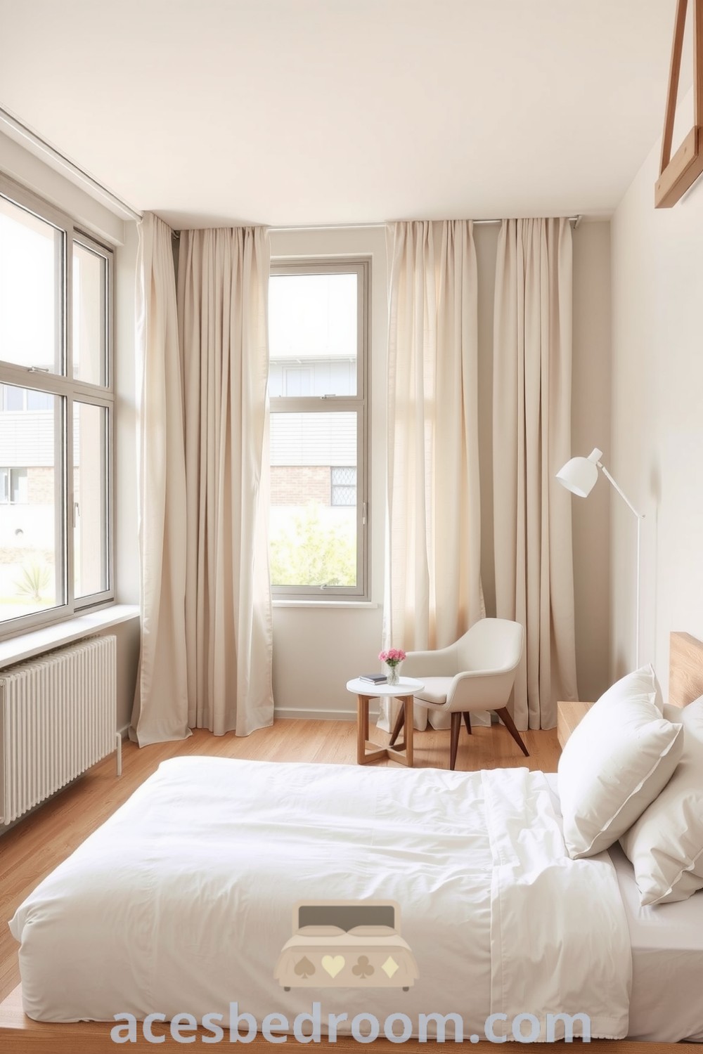 Minimalist bedroom with a soothing beige palette, low-profile wooden bed, crisp white bedding, and large windows allowing natural light, along with a cozy nook featuring an armchair and side table, presented on acesbedroom.com.