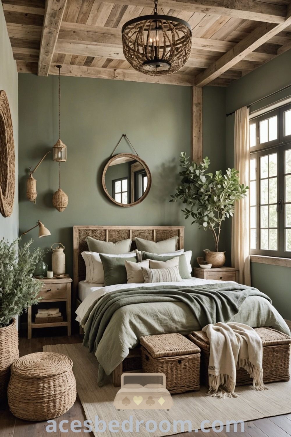 A serene bedroom featuring green walls and cozy green bedding, complemented by wooden beams and a rustic wicker basket. This inviting space offers inspiring decor ideas from acesbedroom.com, showcasing earth-toned designs perfect for a stylish and tranquil atmosphere. Discover unique inspirations that blend comfort with aesthetics for a warm and sophisticated look.