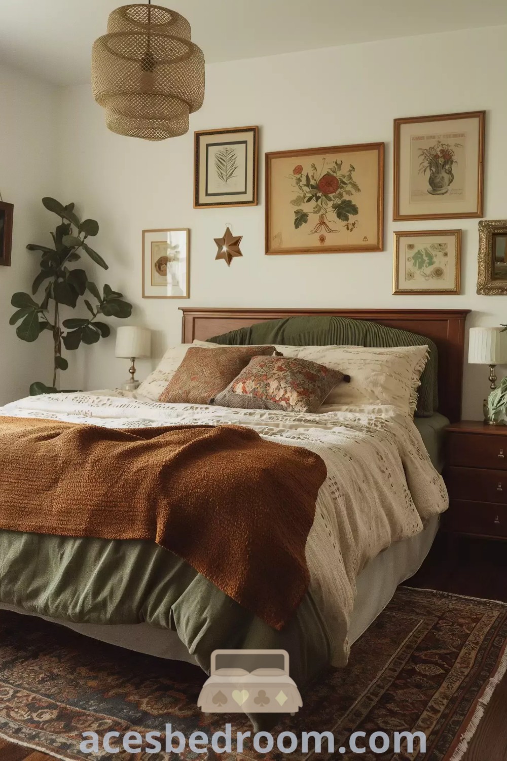 A cozy bedroom with a queen bed against the wall, wooden floors, and walls adorned with pictures, offering design ideas that incorporate a desert color palette. This unique cozy bedroom decor provides inspiration for small bedroom styling and trends in cozy aesthetics. Discover more decor ideas at acesbedroom.com.