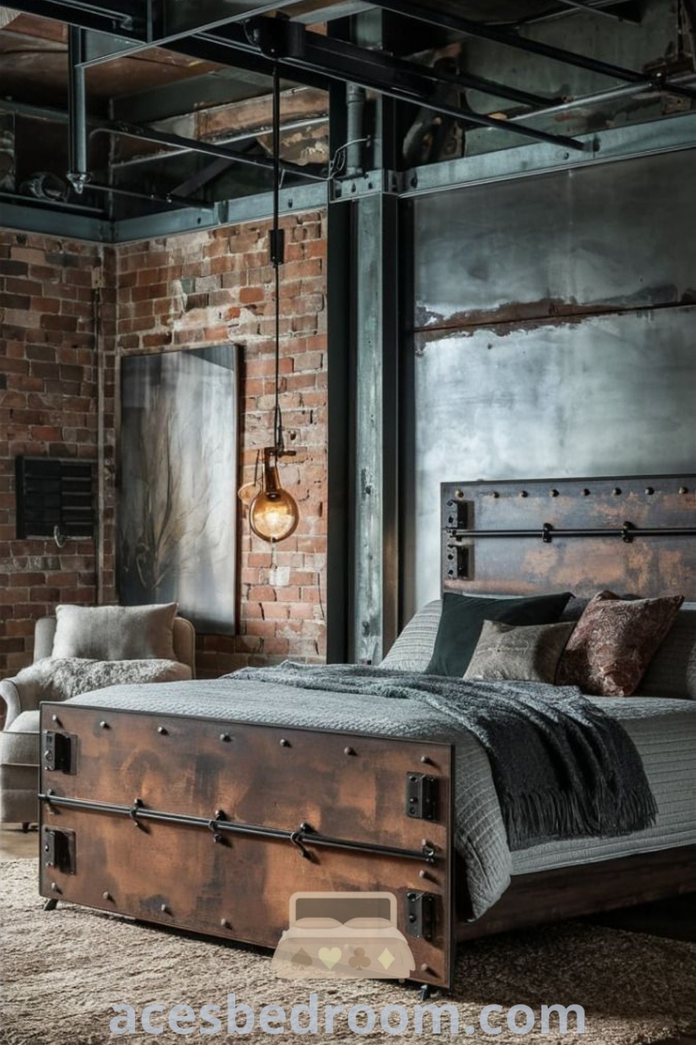 An industrial style bedroom with exposed brick walls, wooden furniture, and a metal and wood bed, showcasing cozy design ideas and decor inspirations. Perfect for industrial master bedrooms and kids