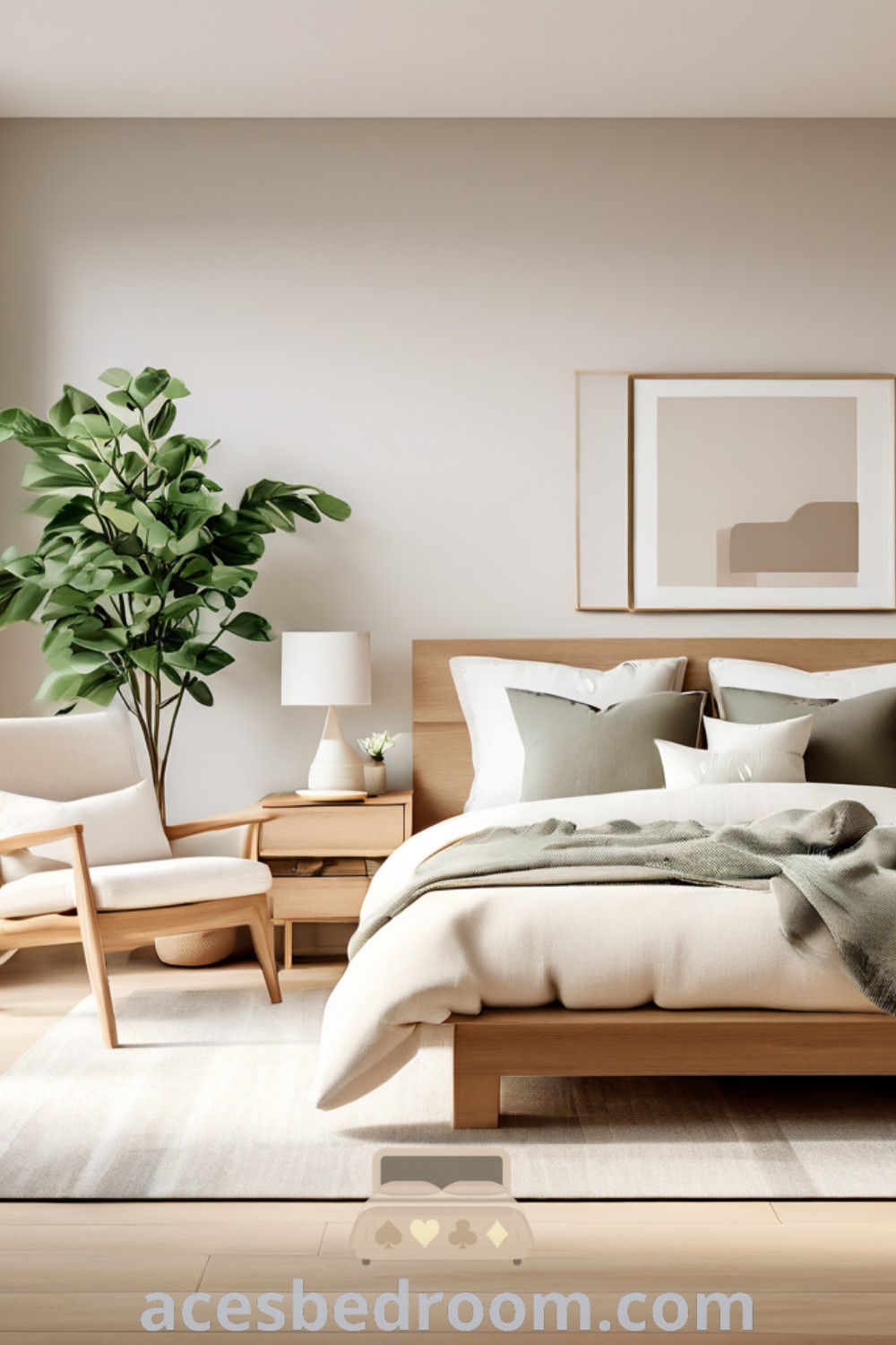 A stylish bedroom designed in Japandi style, showcasing a bed, chair, and potted plant that exudes a cozy aesthetic. This inviting and inspiring space offers unique design ideas and decor inspirations for a warm and sophisticated look. Discover more about this cozy home design at acesbedroom.com.