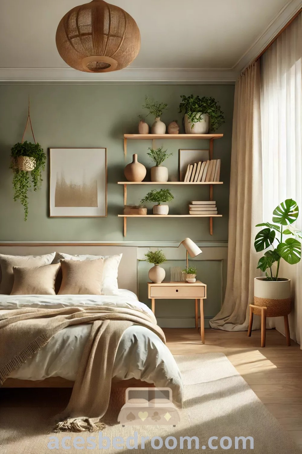 A cozy bedroom featuring a soft green accent wall, light wood furnishings, and a wooden shelf filled with potted plants, showcasing a modern Asian aesthetic. The decor combines neutral tones with lush green elements, offering inspiring design ideas for a tranquil and stylish home. Discover more cozy ideas at acesbedroom.com.